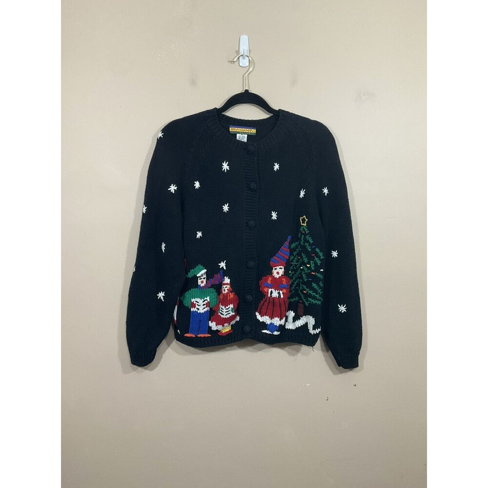 Vintage Bryn Connelly Womens Christmas Carolers Cardigan MP Black Holidays 90s